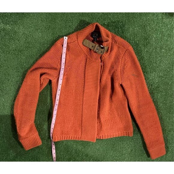 Womens Gorgeous Burnt Orange Sweater SZ Petite Leather Collared Cardigan - Picture 16 of 16